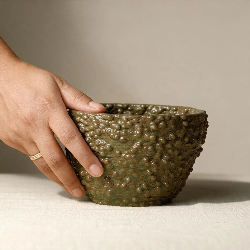 A hand holding a textured ceramic bowl with a glossy olive-green and brown berry like texture, set against a neutral beige background. #color_olive green